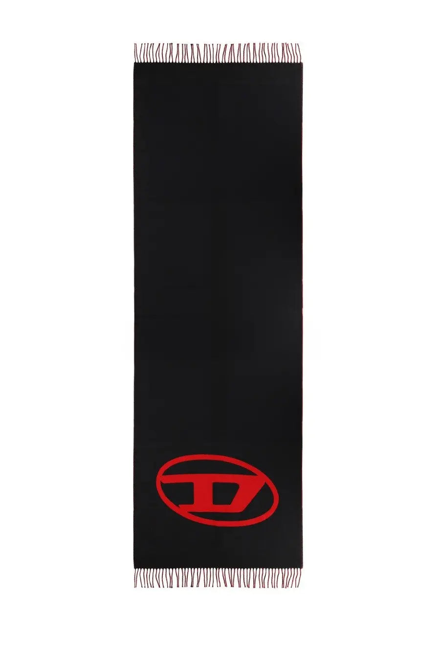 Diesel men’s Tevie scarf black wool with bold red circular logo and fringed edges for stylish warmth