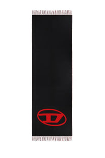 Diesel men’s Tevie scarf black wool with bold red circular logo and fringed edges for stylish warmth