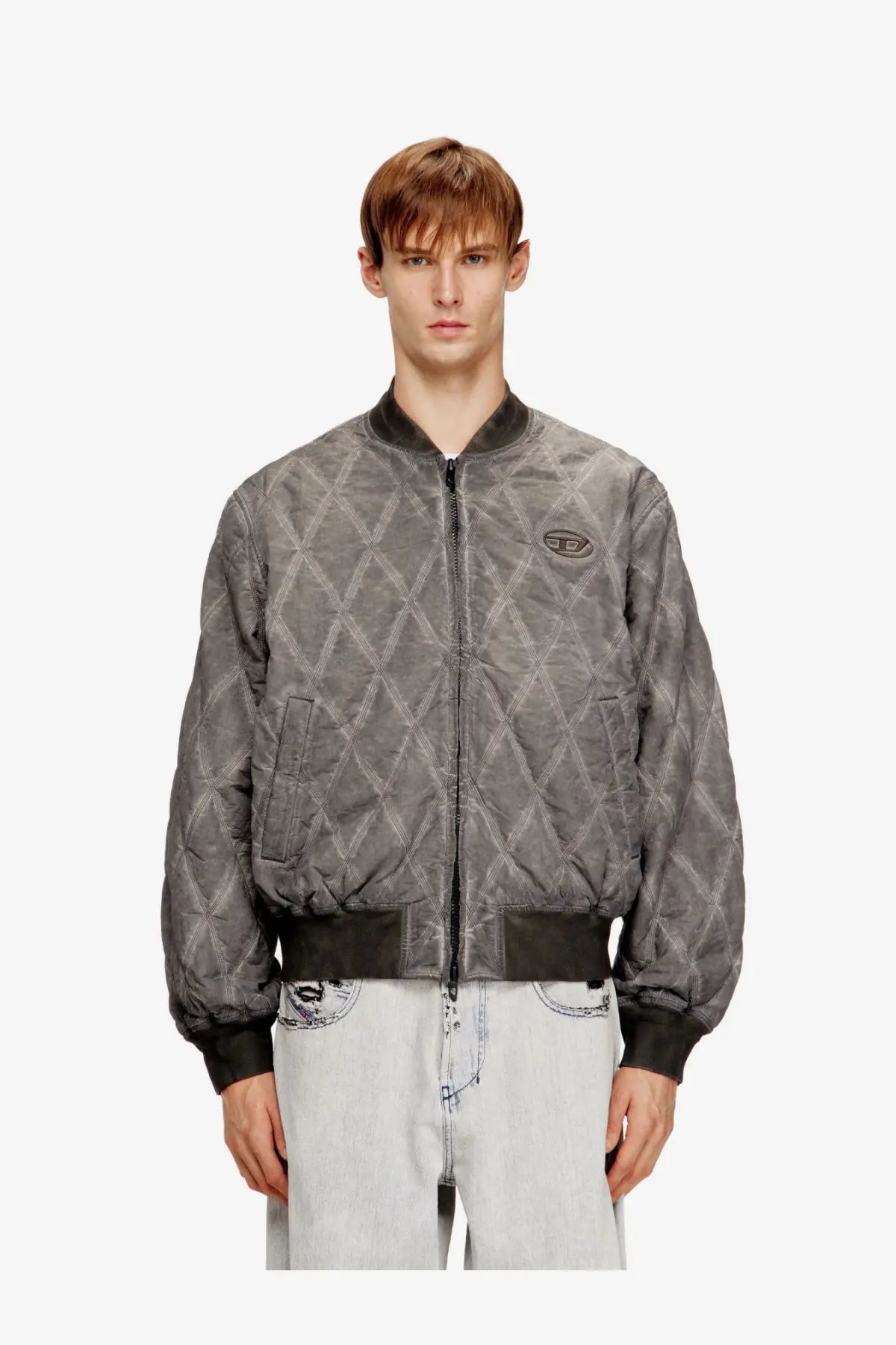 Diesel men’s type treat diamond quilted gray bomber jacket with black trim in cotton blend material
