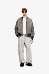 Diesel men’s gray quilted cotton blend bomber jacket with diamond pattern and black ribbed cuffs
