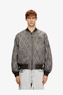 Diesel men’s gray quilted bomber jacket with diamond pattern black trim cotton blend for casual wear