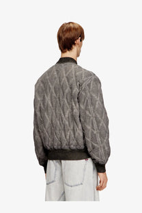 Diesel men’s type treat diamond quilted cotton blend gray bomber jacket with black ribbed collar and cuffs front view