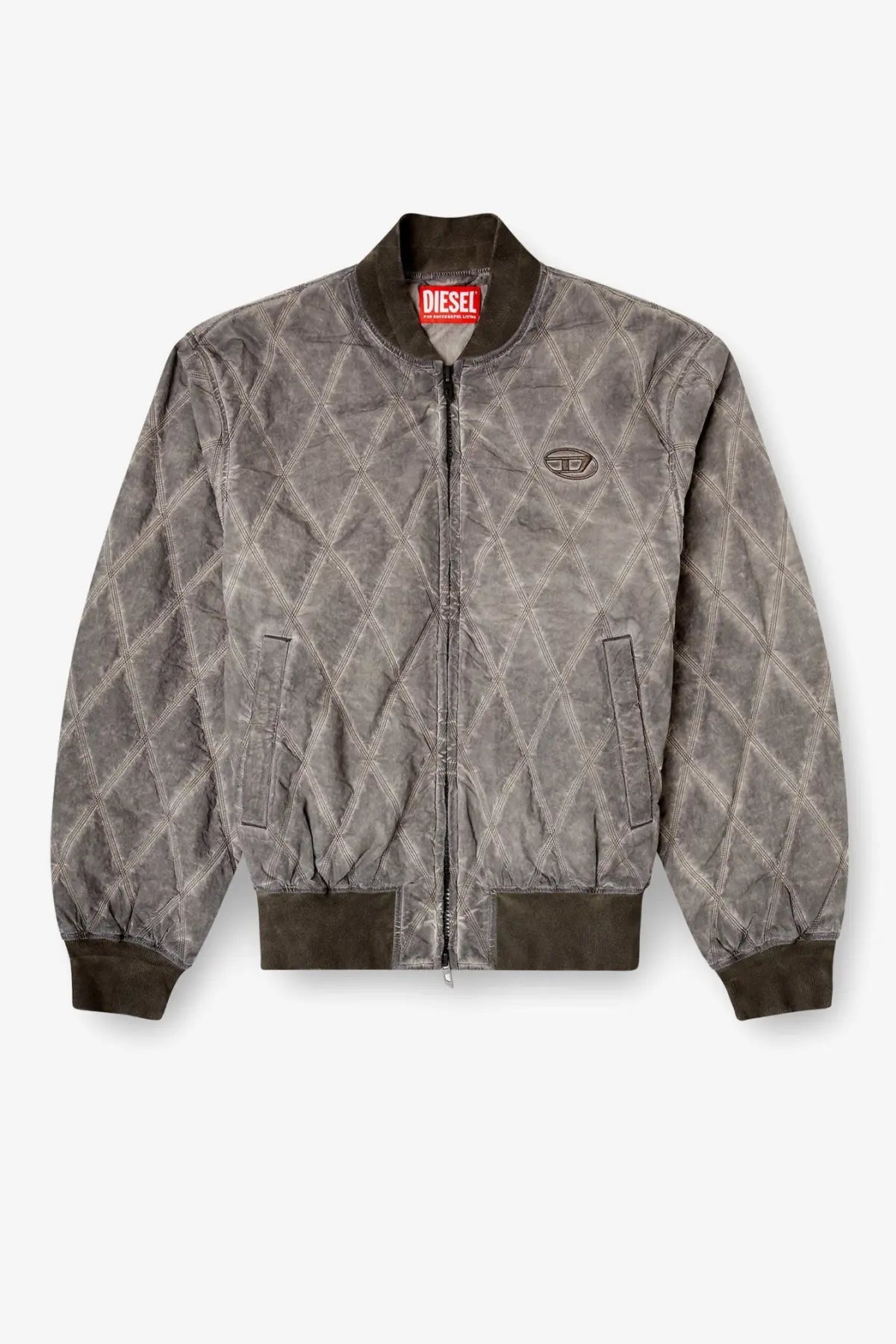 Diesel men’s grey diamond quilted cotton blend bomber jacket with dark brown ribbed cuffs collar and hem