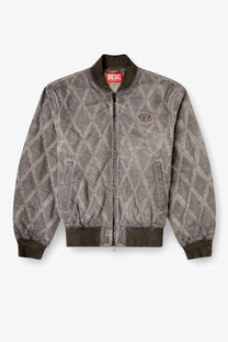 Diesel men’s grey diamond quilted cotton blend bomber jacket with dark brown ribbed cuffs collar and hem