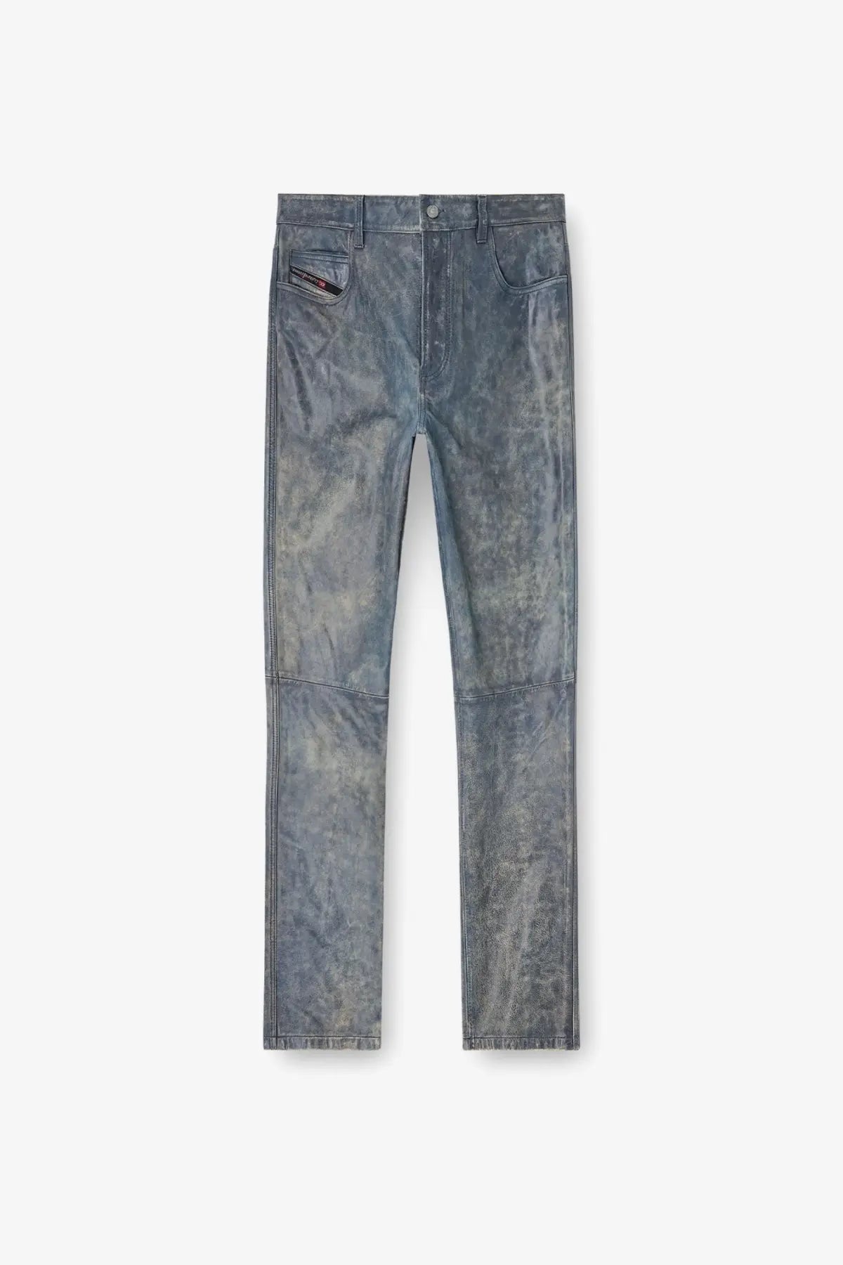 Diesel men’s vyll qmbw leather trousers in dark gray distressed denim with subtle faded wash and reinforced stitching