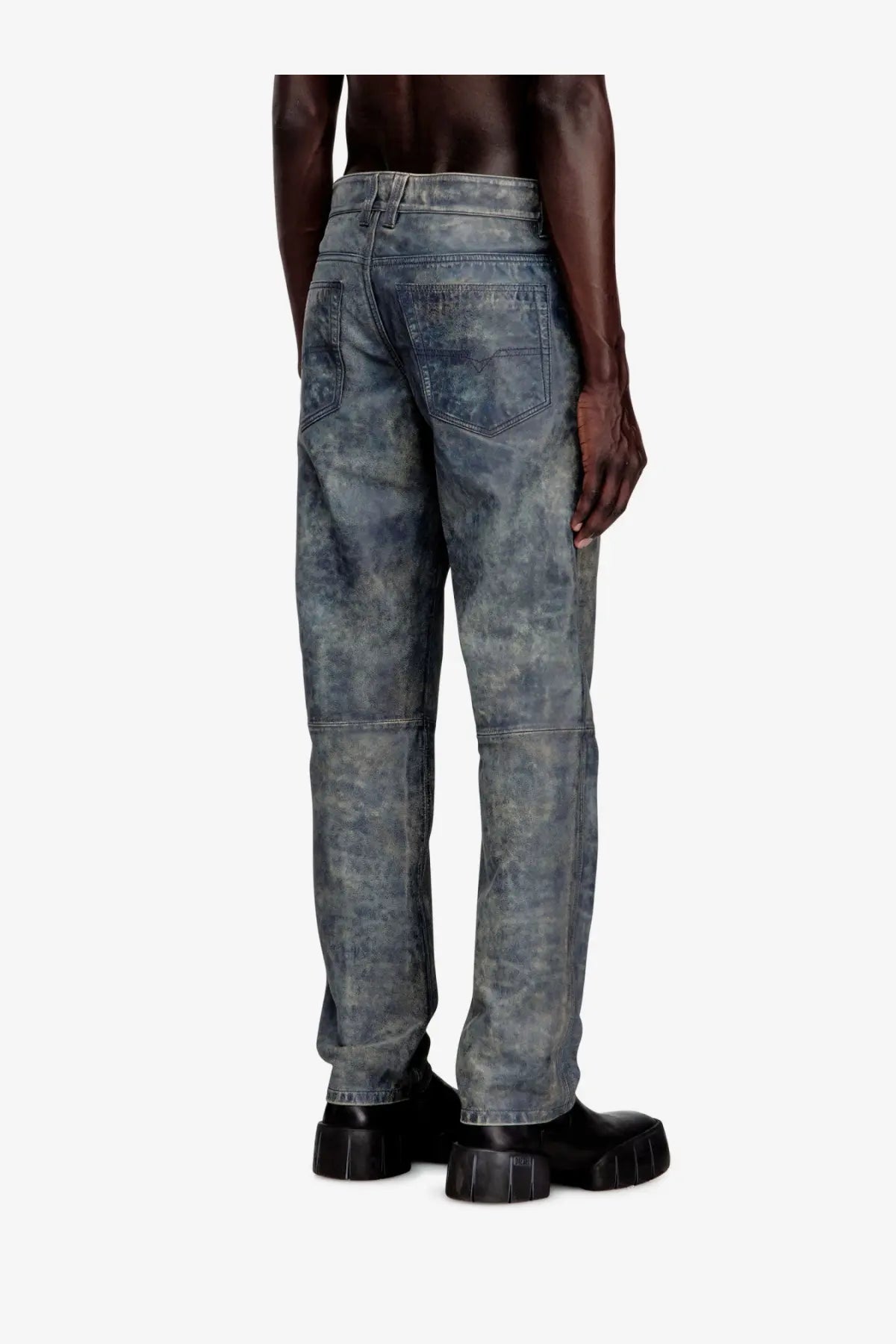 Diesel men’s vyll qmbw blue leather trousers with distressed denim look faded mottled wash and reinforced stitching