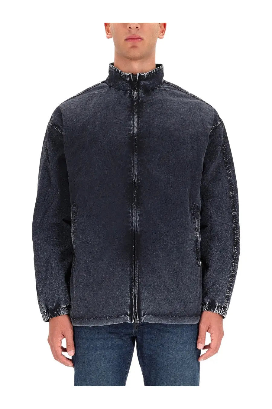 Diesel men’s Wilson jacket grey dark blue denim with high collar and front zipper for casual wear