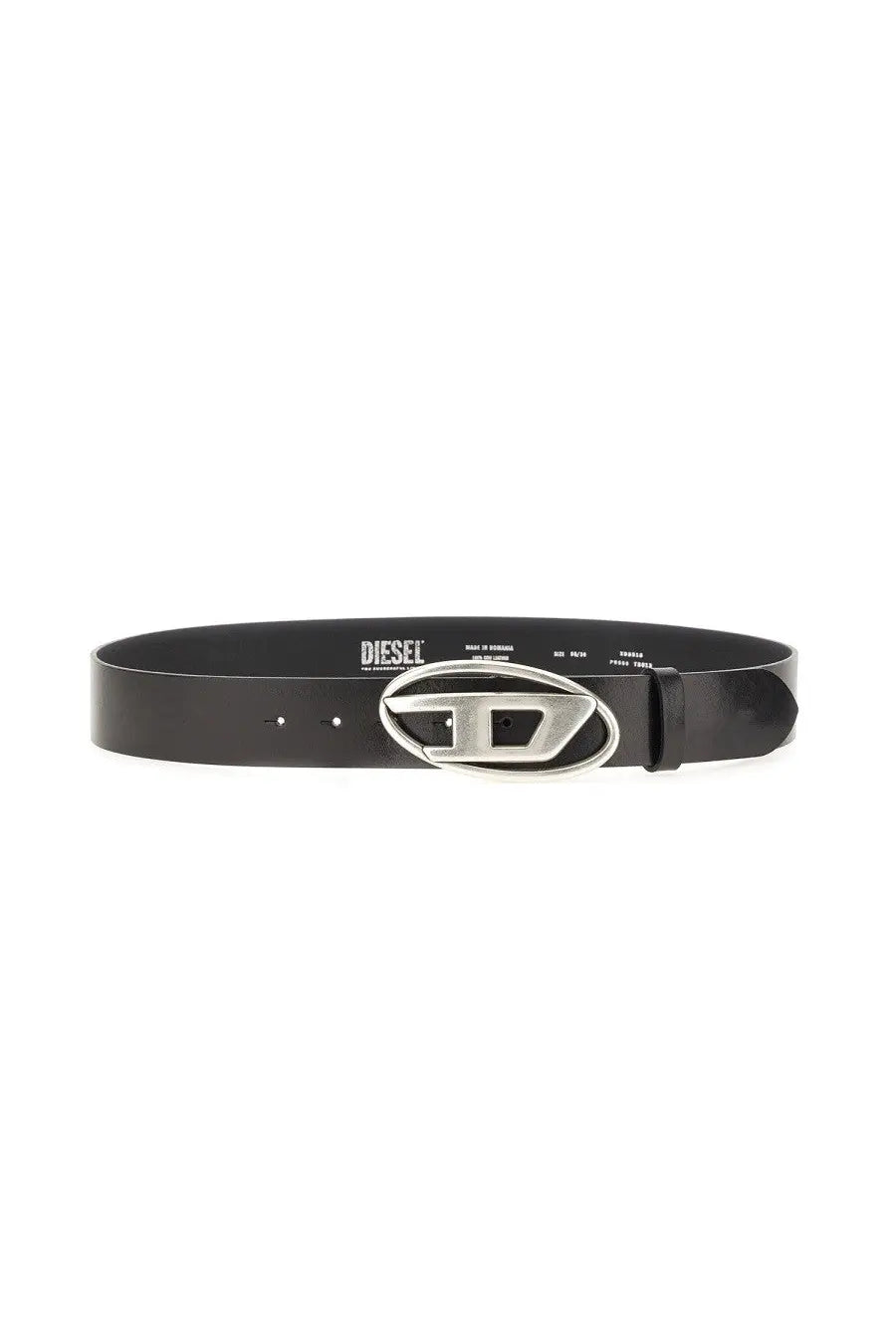 Black leather diesel unisex belt with silver-toned oval buckle featuring the diesel logo in black color