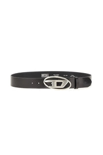 Black leather diesel unisex belt with silver-toned oval buckle featuring the diesel logo in black color