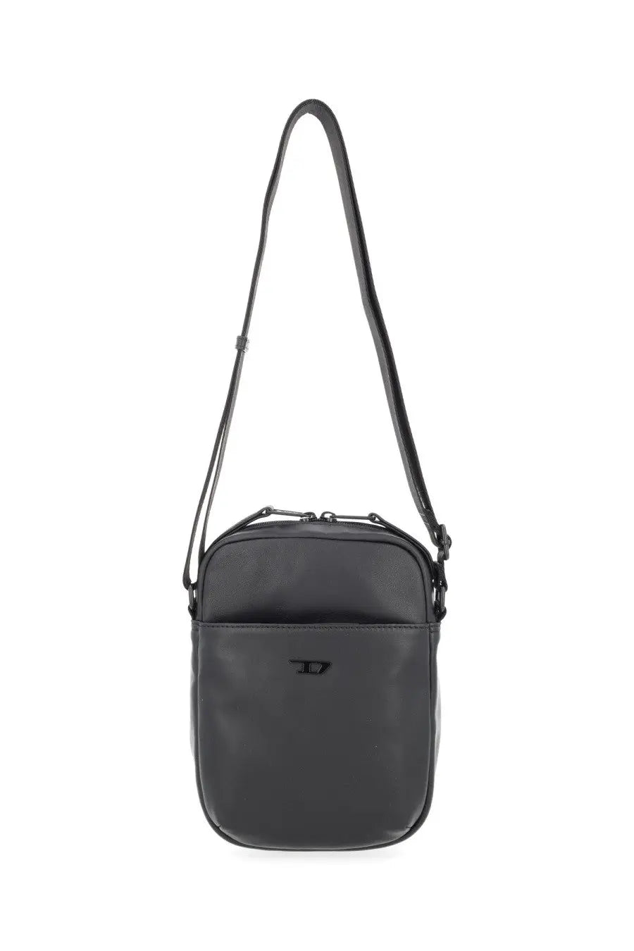 Diesel unisex rave black leather crossbody bag with sleek minimalist design and subtle front brand logo