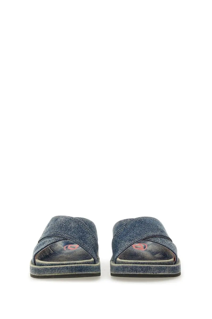 Diesel unisex blue denim slide sandals with cross-over strap design for casual wear
