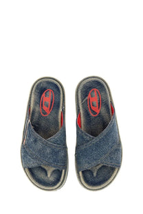 Diesel unisex slide sandals in blue denim with a red logo on the insole perfect for casual wear