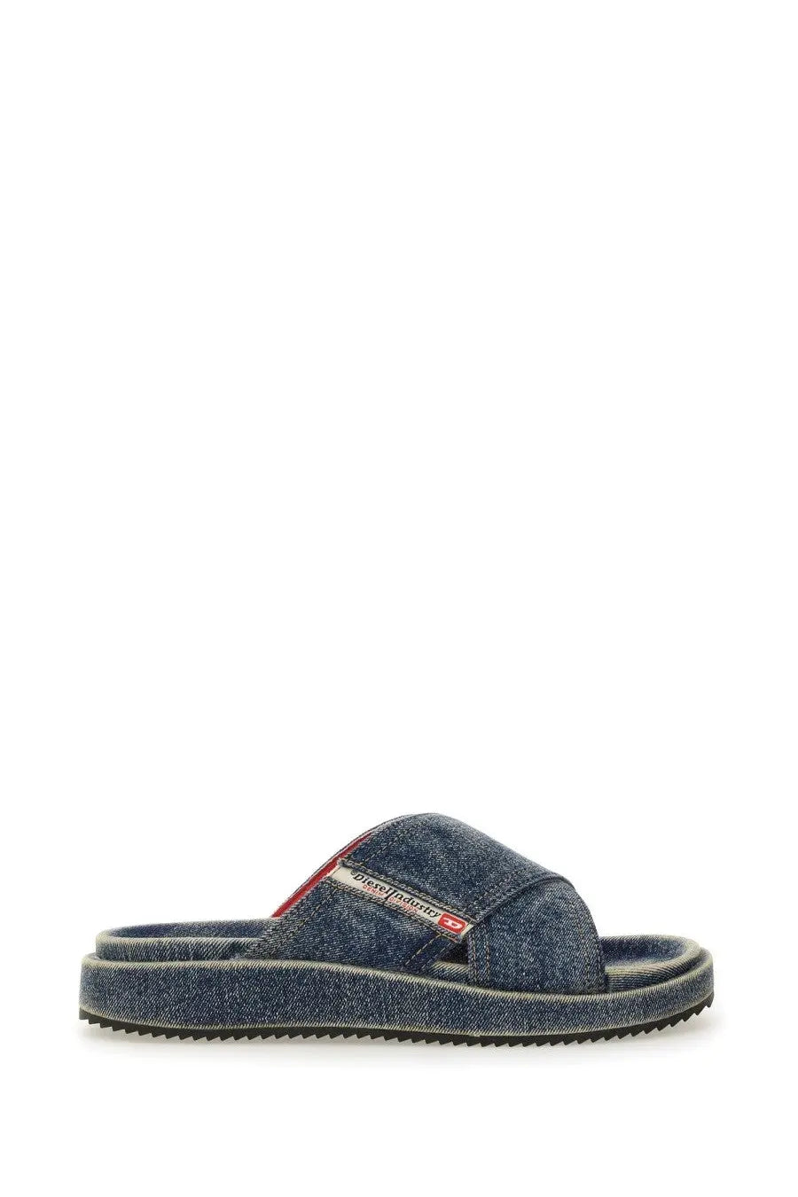 Denim slip-on slide sandal with red and white Diesel branded strap detail in blue unisex design