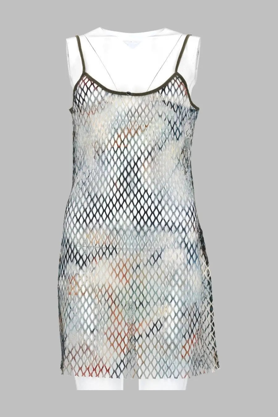 Diesel women’s abito rete con stampa multicolor sheer sleeveless dress with black mesh overlay and abstract watercolor print