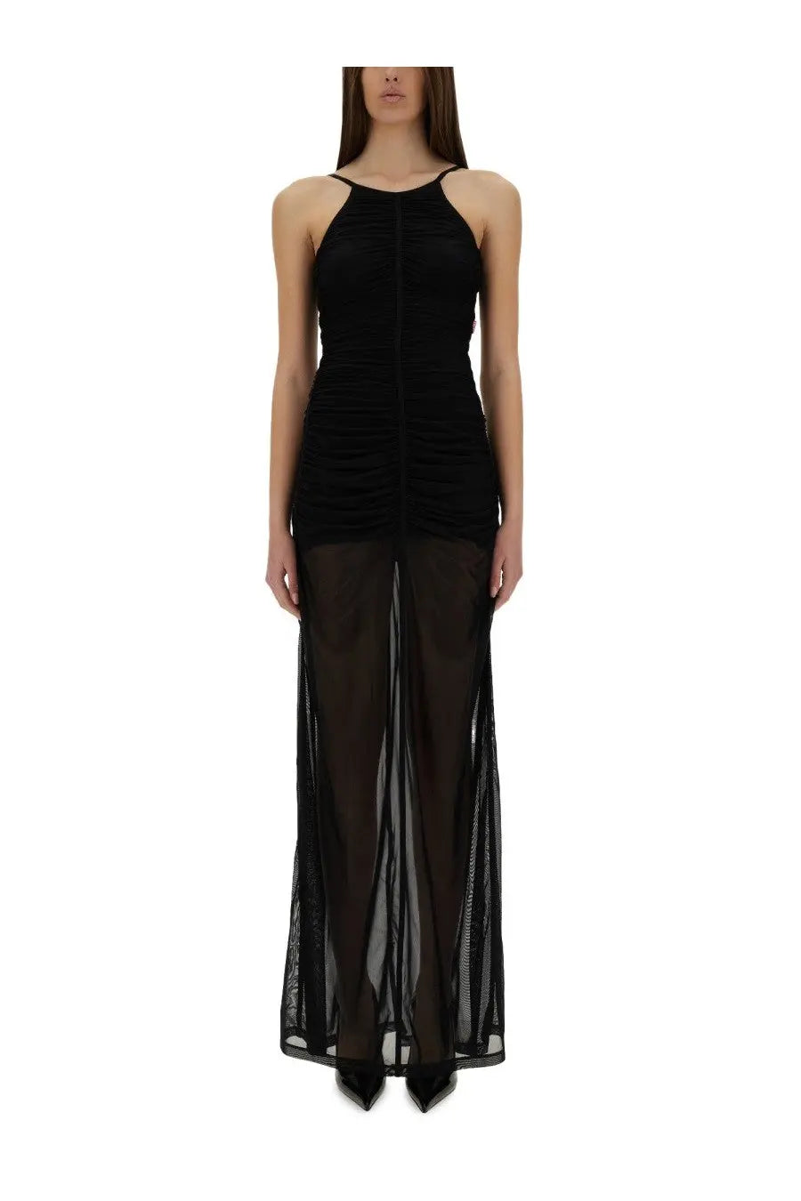 Diesel women’s Amami long black halter-neck gown with ruched detailing and sheer mesh overlay
