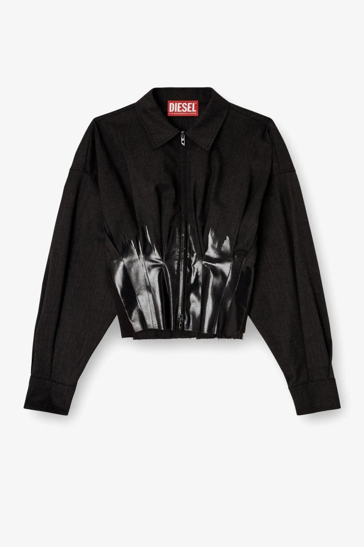 Black diesel women’s anbu virgin wool blend cropped jacket with a glossy sculpted front panel