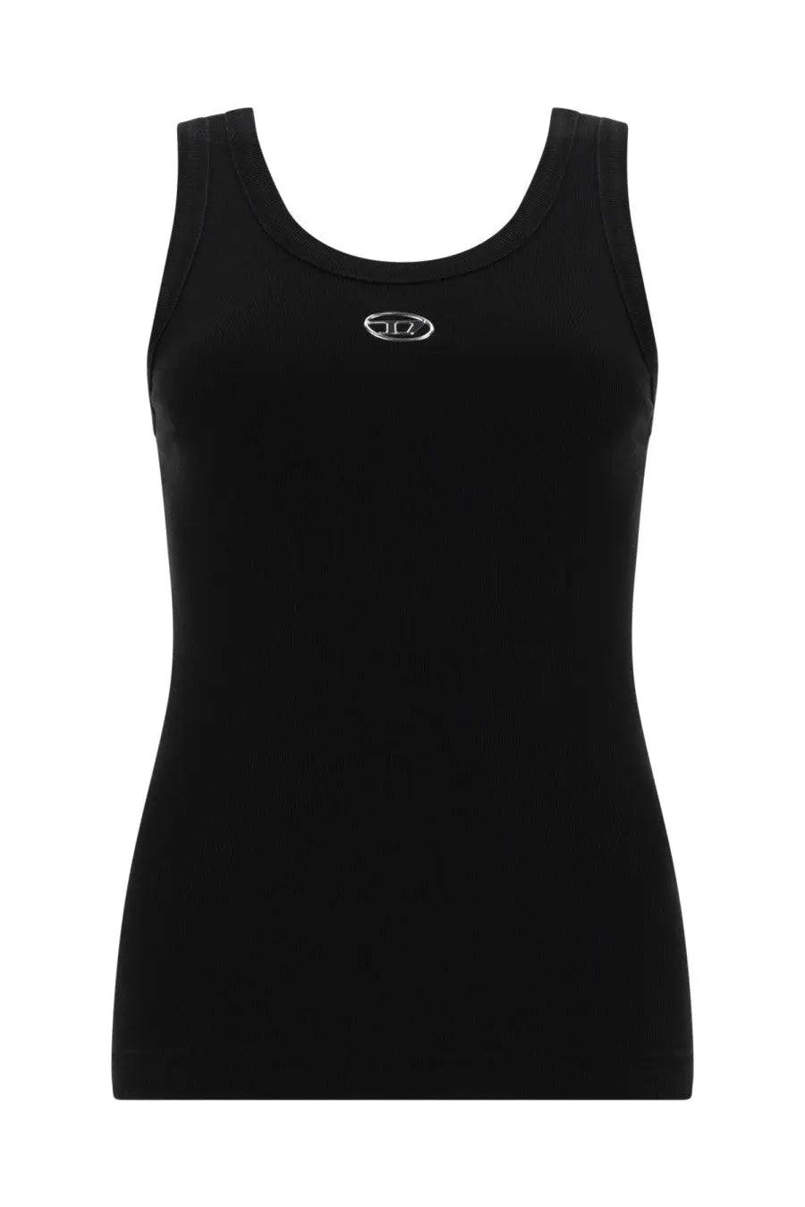 Diesel women’s anki od black sleeveless tank top with subtle silver embroidered logo at the neckline