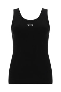 Diesel women’s Anki OD black sleeveless tank top with subtle silver logo embroidered at the neckline