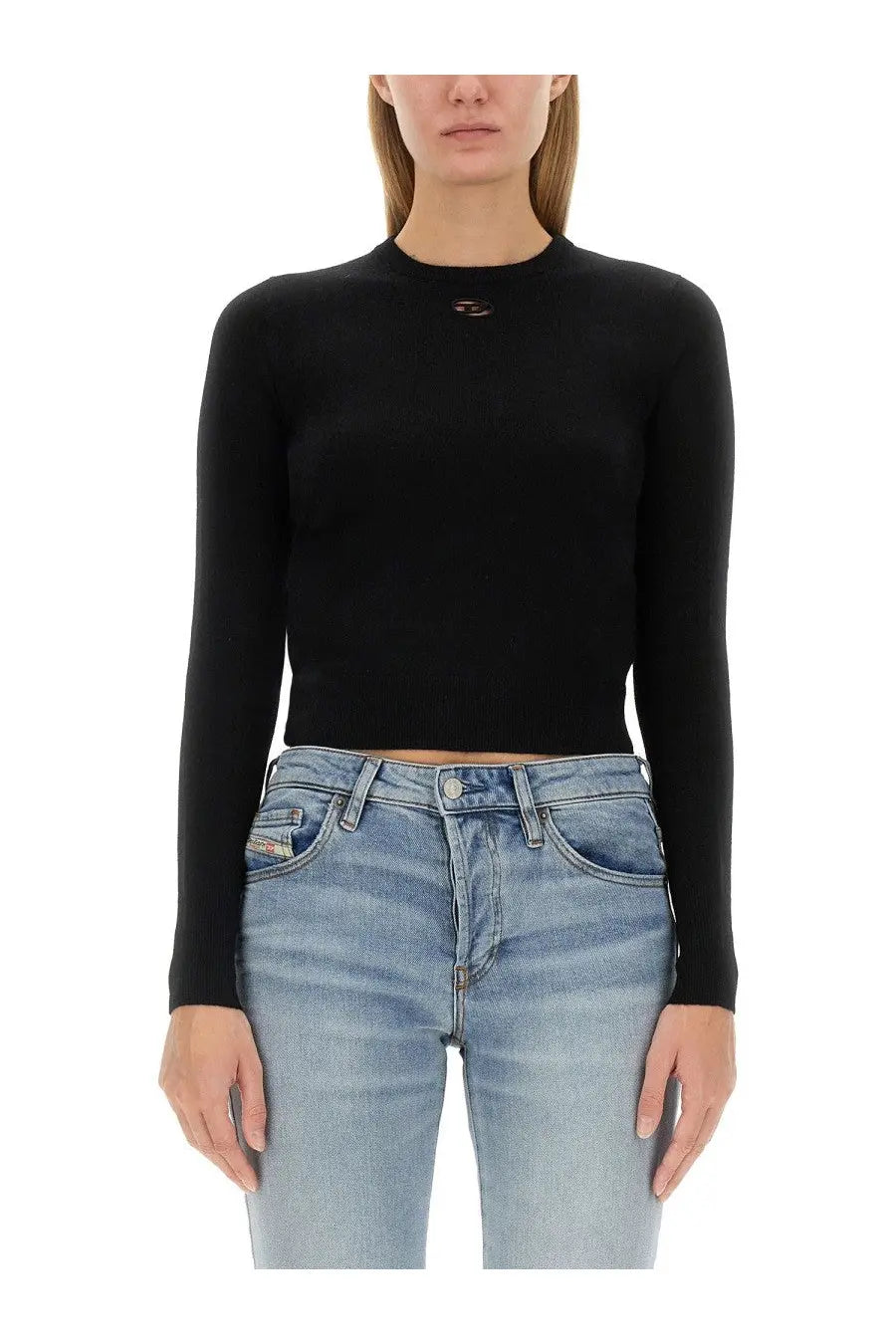 Diesel women’s Areesax black long-sleeved crop top with subtle embroidered logo at the neckline