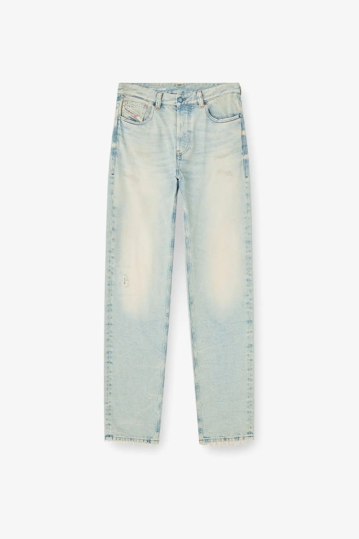 Diesel women’s ark light-wash denim jeans in washed out blue with a faded, distressed look and subtle fading along legs