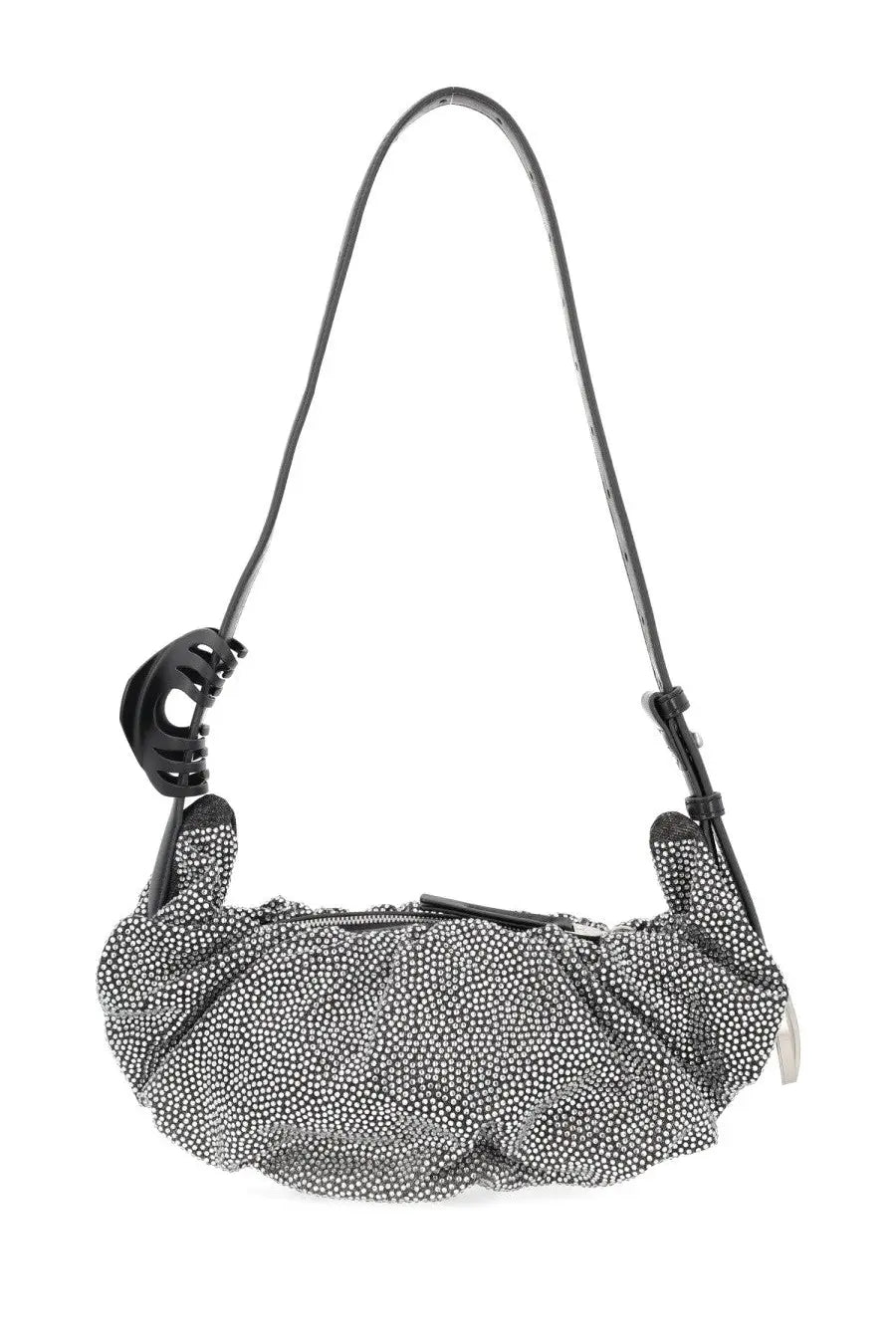 Diesel women’s black shoulder bag with textured studded surface and distinctive claw clip attachment