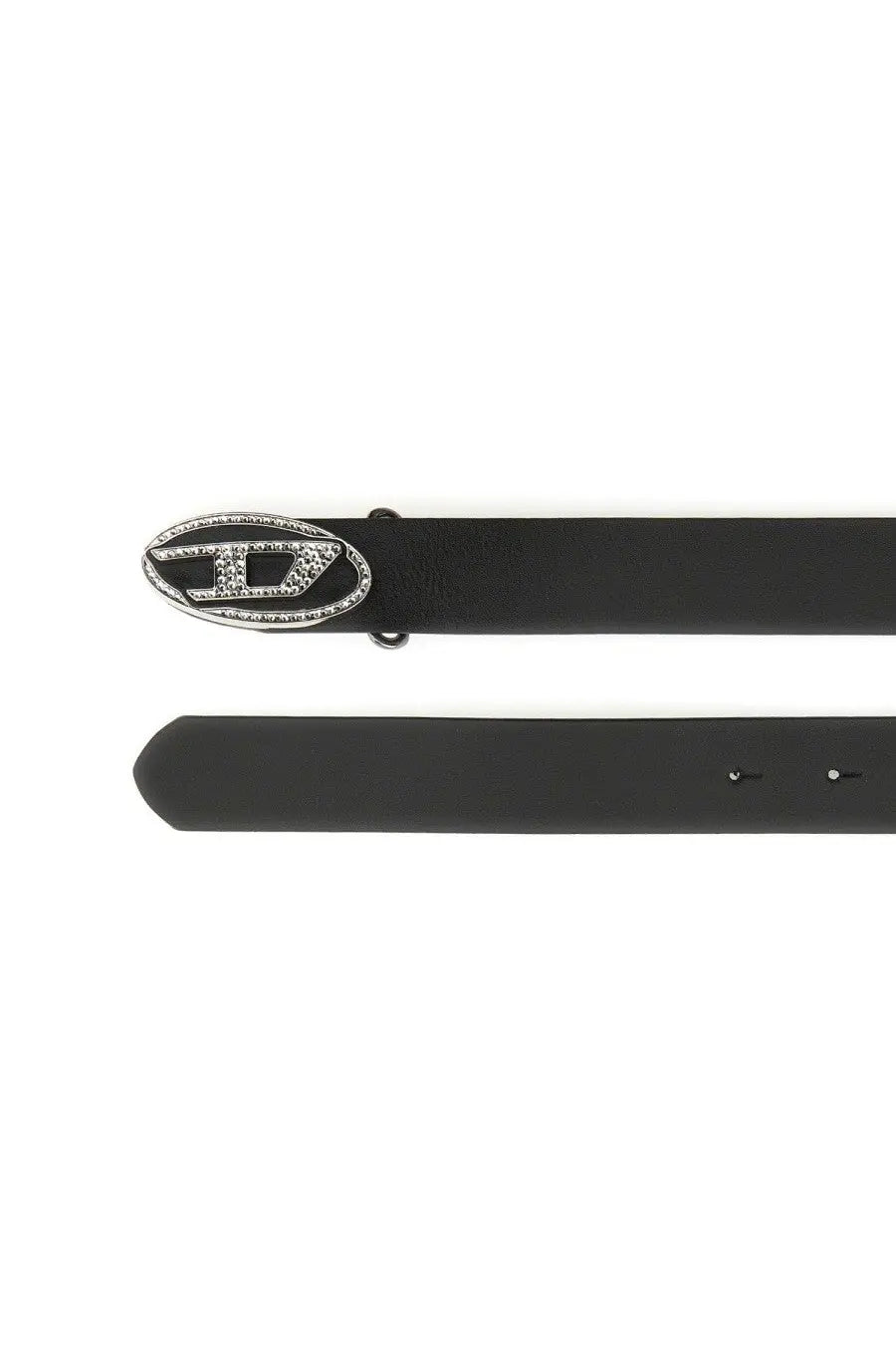 Diesel women’s black leather belt with silver-toned buckle adorned with sparkling rhinestones and Diesel logo