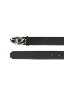 Diesel women’s black leather belt with silver-toned buckle adorned with sparkling rhinestones and Diesel logo