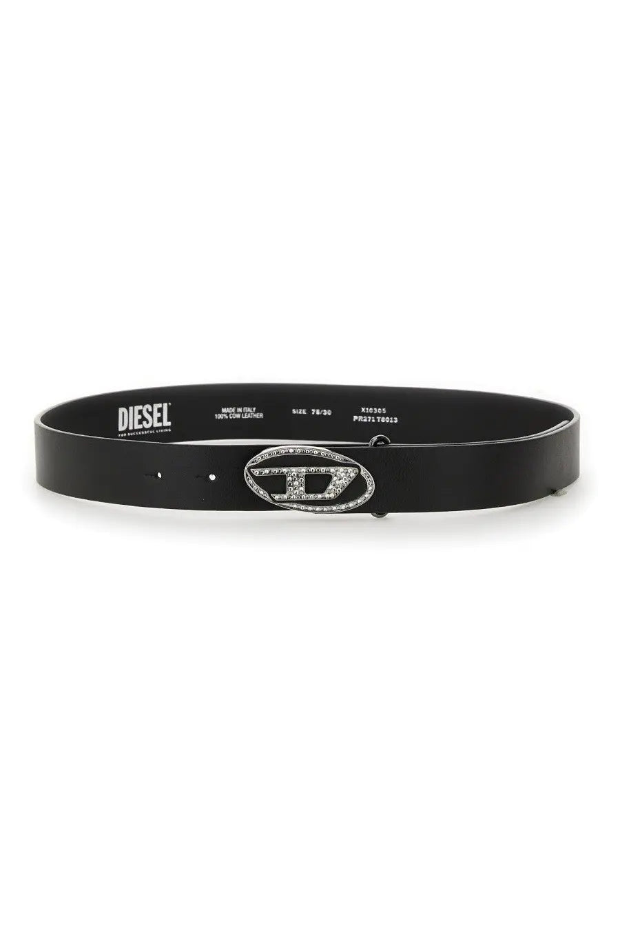 Diesel women’s black belt with silver toned diamond encrusted oval buckle made from durable leather material