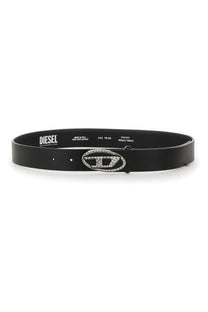 Diesel women’s black belt with silver toned diamond encrusted oval buckle made from durable leather material