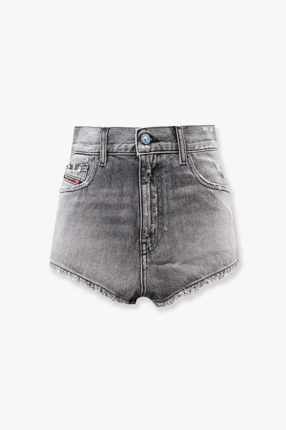 Back side of diesel women’s blue denim shorts grey featuring high-waisted faded gray wash with frayed hem and distressed details