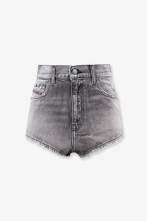 Back side of diesel women’s blue denim shorts grey featuring high-waisted faded gray wash with frayed hem and distressed details