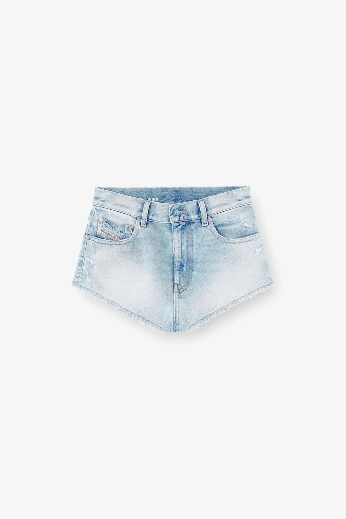 Diesel women’s blue denim shorts with light-wash fabric, frayed hem, and distressed details on the front side