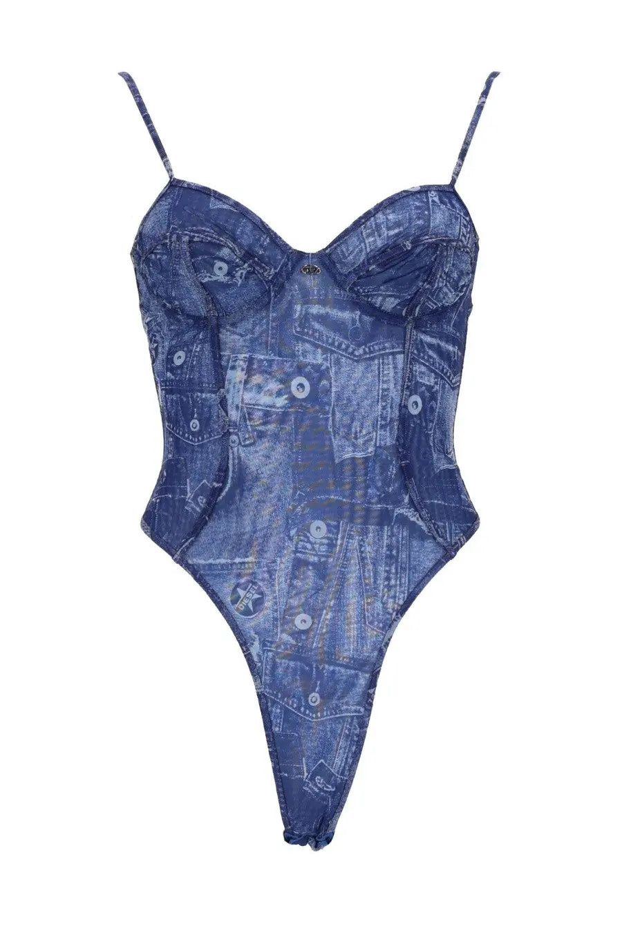Diesel women’s body blue denim-patterned one-piece swimsuit with thin straps and a corset-style bodice