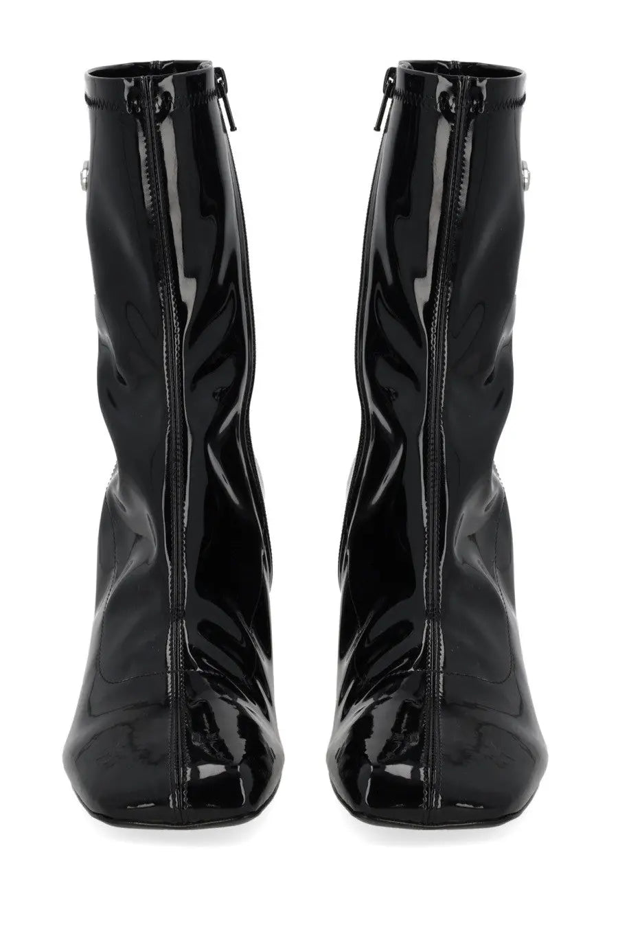 Diesel women’s black ankle boots in patent leather with a glossy finish and square toe design