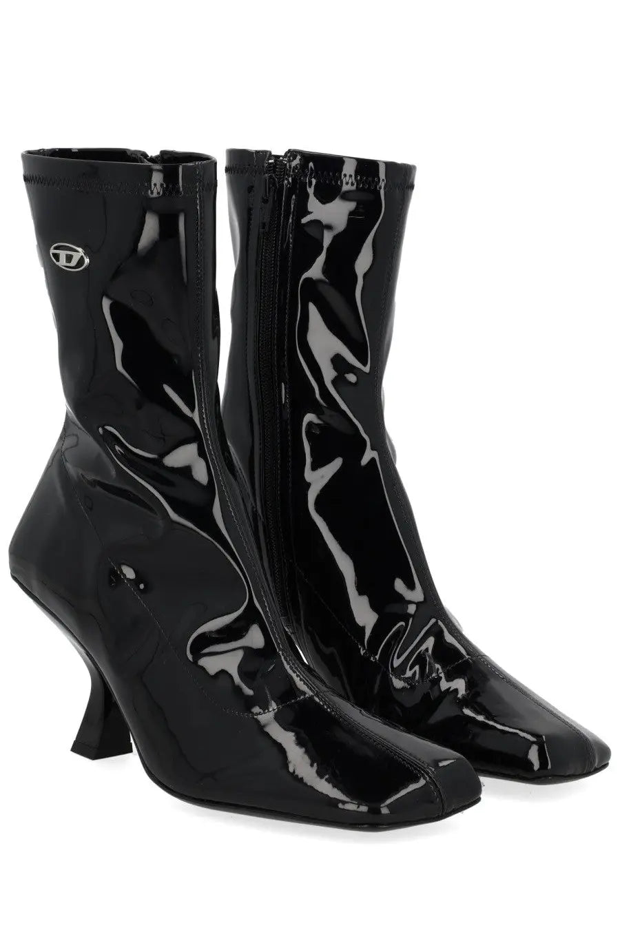 Diesel women’s black patent leather ankle boots with a glossy finish and distinctive curved heel