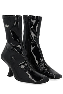 Diesel women’s black patent leather ankle boots with a glossy finish and distinctive curved heel