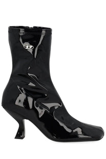 Diesel women’s black patent leather ankle boot with sleek square toe and distinctive curved heel