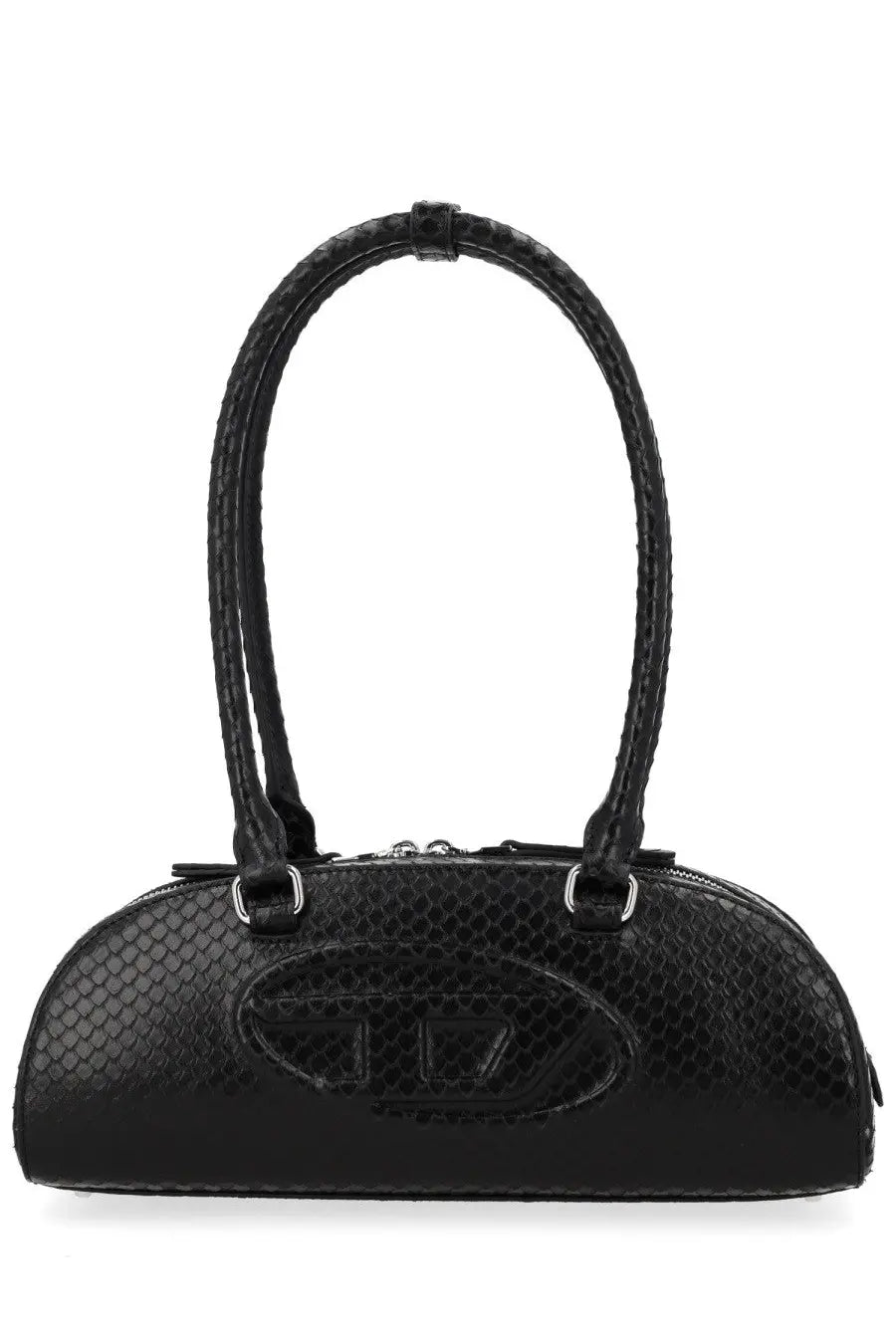Diesel women’s borsa bowling rettagolare 1dr dome black snake-print handbag with sleek oval body and braided handles