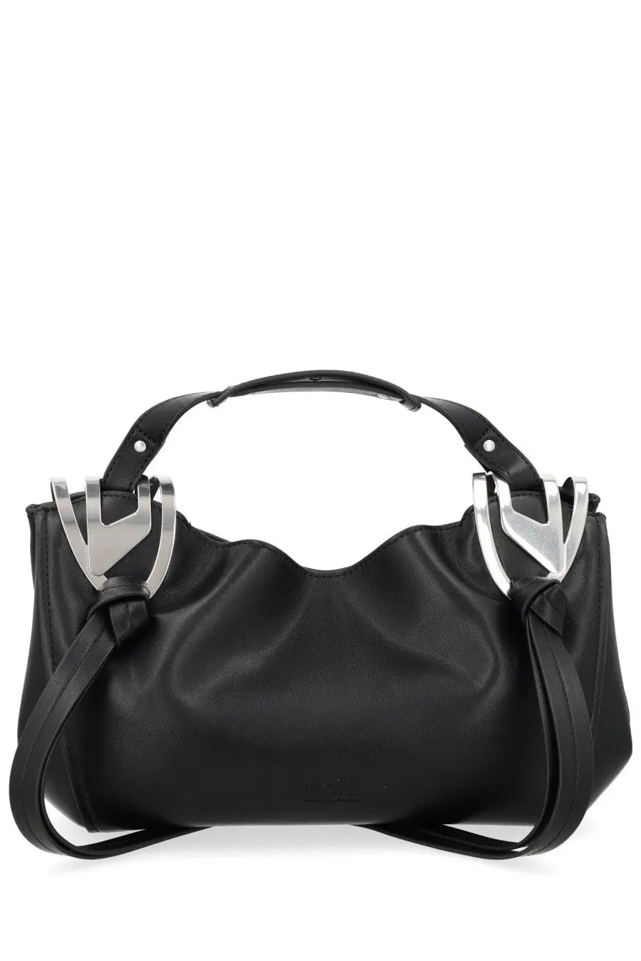 Diesel women’s borsa knot tophandle small black leather handbag with silver metallic handles and angular design