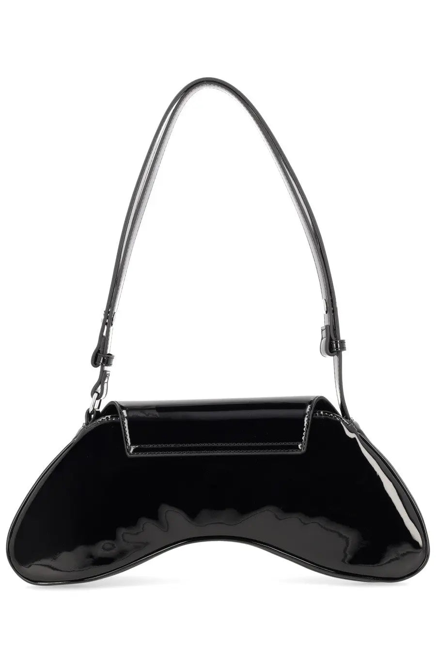 Diesel women’s borsa play black handbag in glossy patent leather with curved asymmetrical silhouette and slender shoulder strap