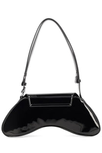 Diesel women’s borsa play black handbag in glossy patent leather with curved asymmetrical silhouette and slender shoulder strap