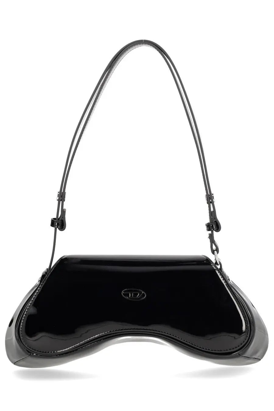 Diesel women’s Borsa Play black handbag in glossy patent leather with sleek curved design and slender shoulder strap
