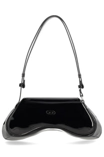 Diesel women’s Borsa Play black handbag in glossy patent leather with sleek curved design and slender shoulder strap