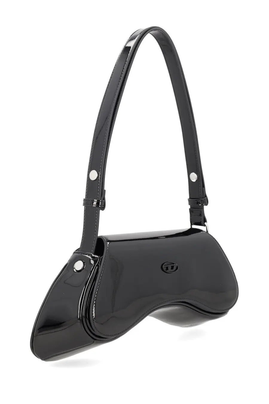 Diesel women’s borsa play black glossy patent leather shoulder bag with sleek modern silhouette and silver hardware accents