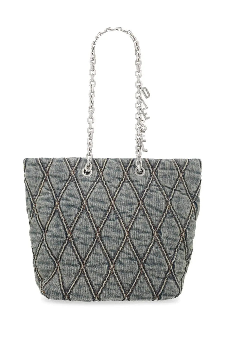 Gray quilted denim Diesel women’s borsa shopper tote bag with silver chain strap and Givenchy logo charm medium blue