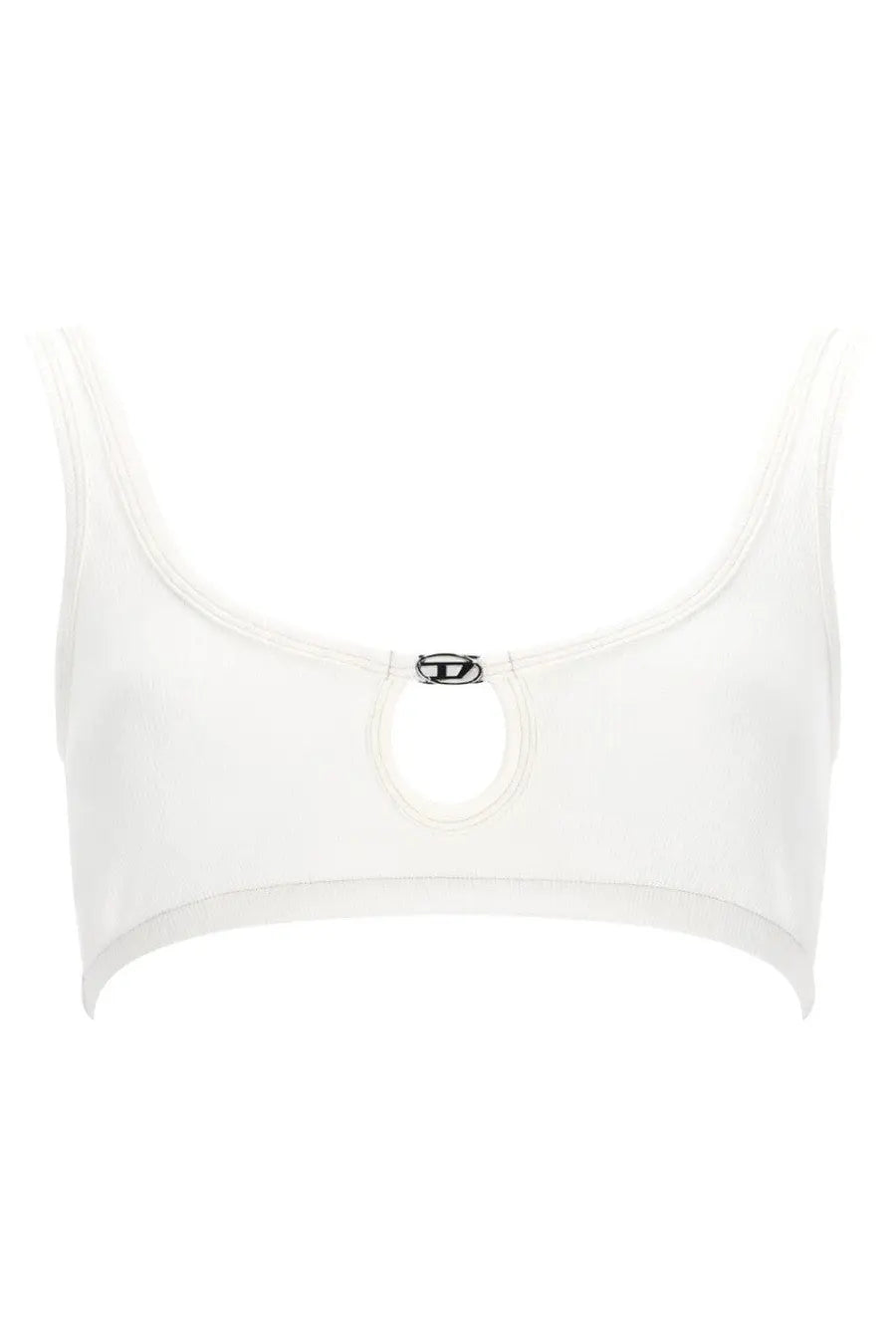 Diesel women’s white cropped bralette with central circular cutout and black logo emblem at the top of the opening