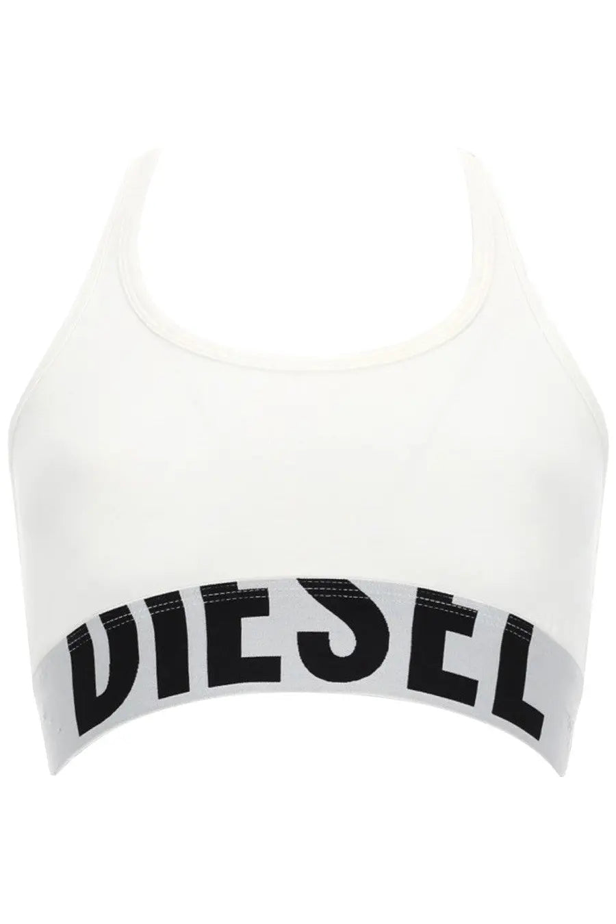 White cotton diesel women’s sports bra with bold black diesel lettering across the front for active wear