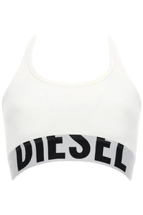 White cotton diesel women’s sports bra with bold black diesel lettering across the front for active wear