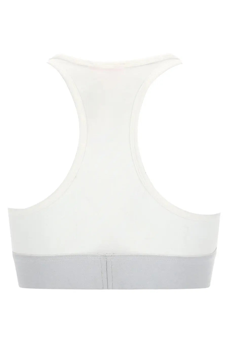 Diesel women’s white cotton sports bra with racerback design and light gray trim along the bottom band
