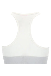 Diesel women’s white cotton sports bra with racerback design and light gray trim along the bottom band
